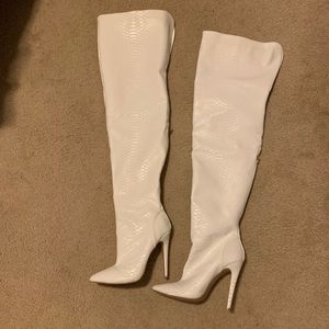 White thigh high snake skin boots